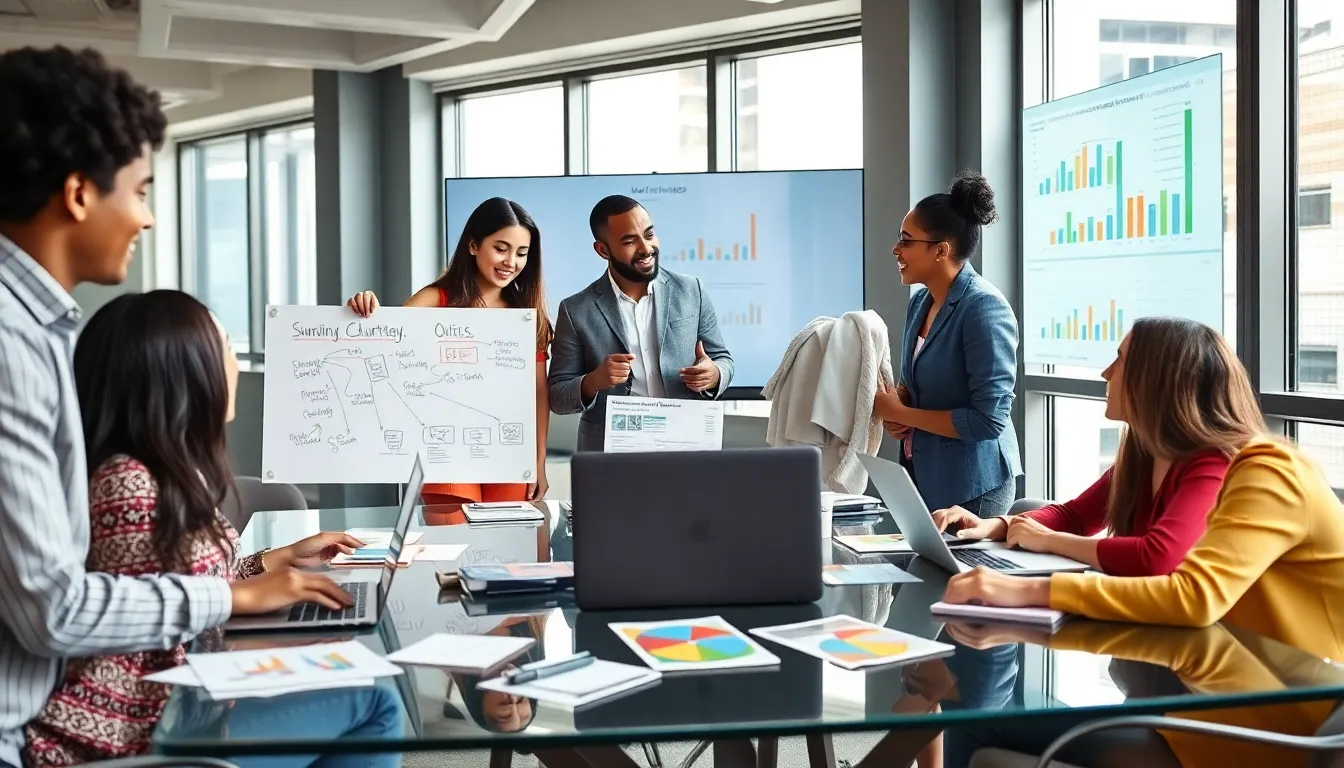 diverse team brainstorming marketing strategies in a modern office.