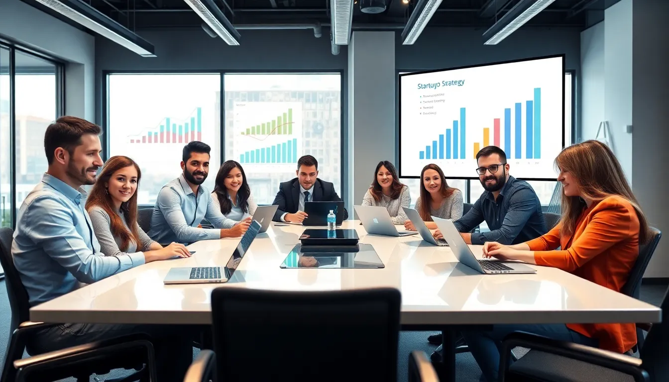 diverse entrepreneurs collaborating on startup growth strategies in a modern office.