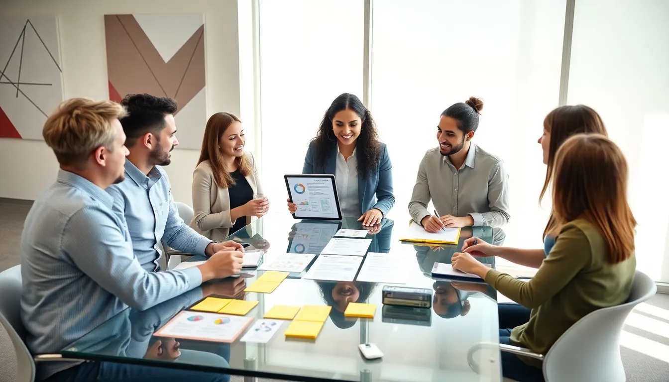 diverse team discussing marketing strategies in a modern office.