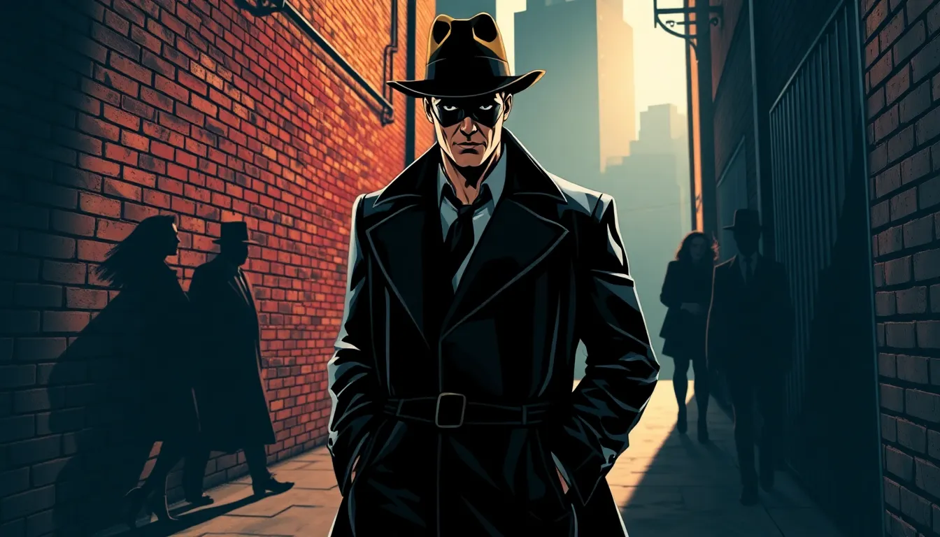 A superhero in a trench coat stands in a gritty urban alley.