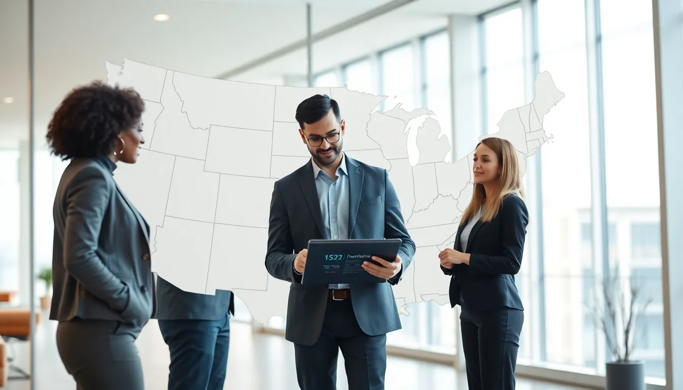 Professionals discussing political boundaries in a modern office.